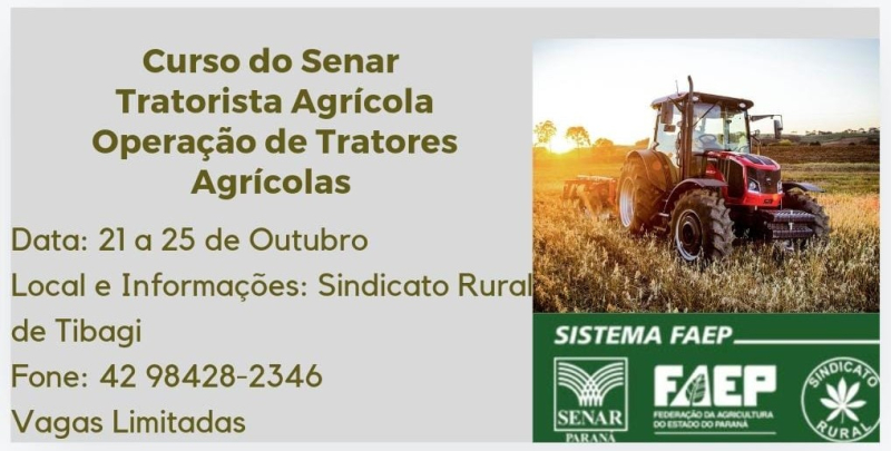 Sindicato Rural de Tibagi oferece curso de ‘Tratorista Agrícola’ com inscrições até sexta (18)