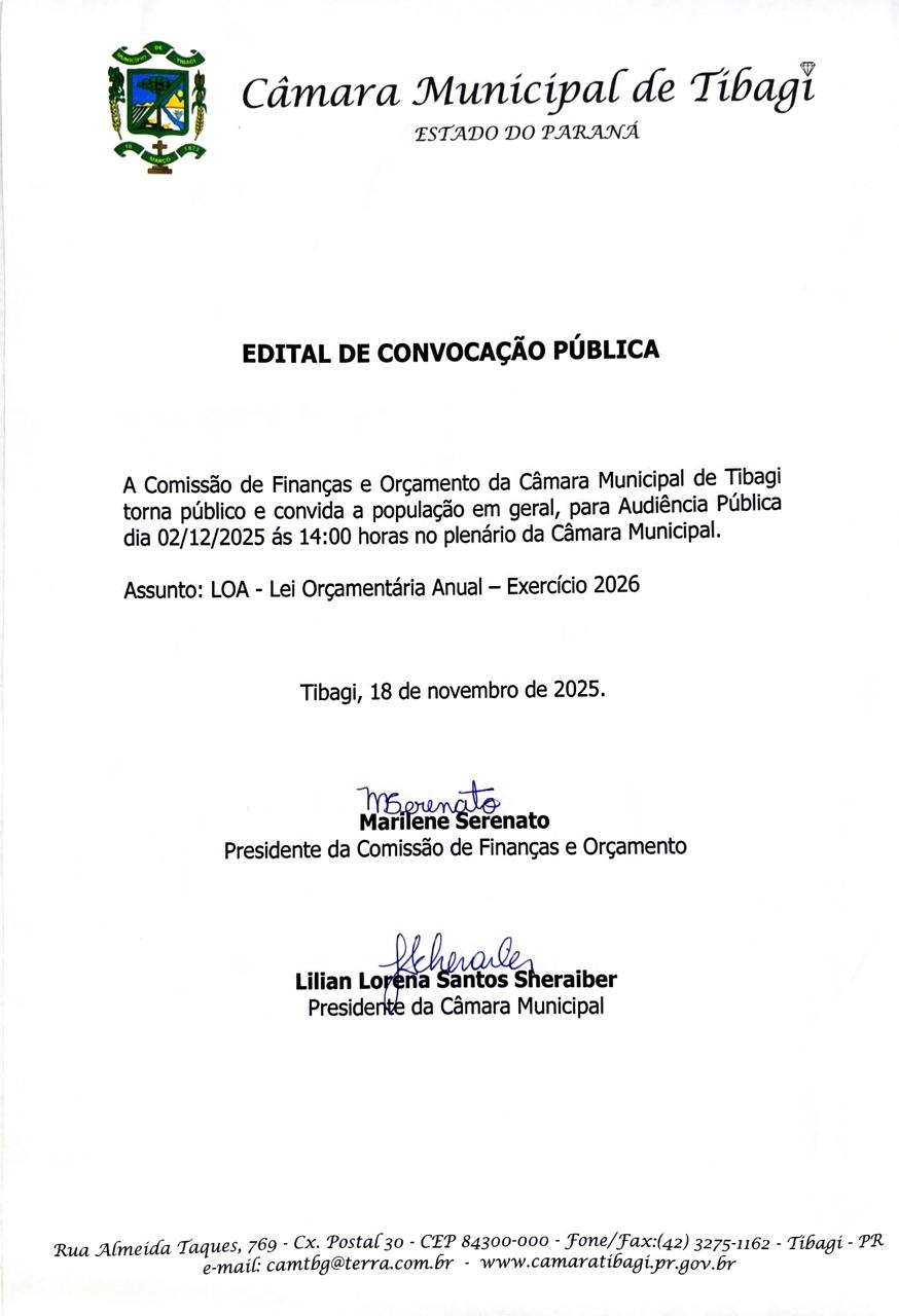 Imagem Notícia: Câmara Municipal realiza audiência pública da LOA 2026 nesta terça-feira (02/12)